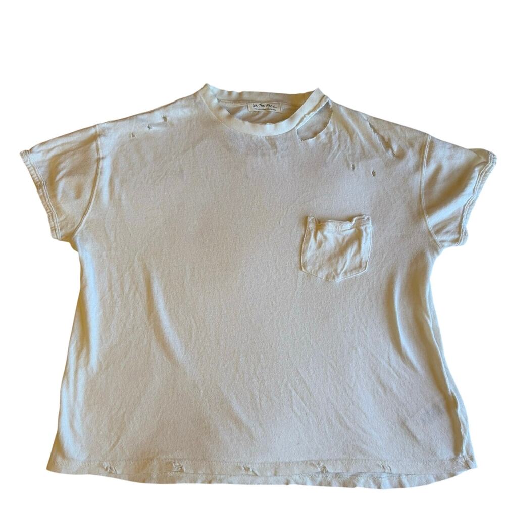 Free People Grunge Boho Tattered White Cotton Classic Short Sleeve Tee Shirt Sm